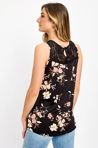 Mauve Floral Sleeveless Top with Lace Trim