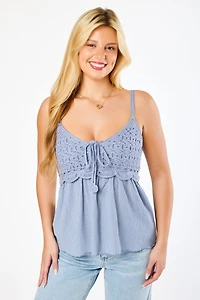 Crochet Spaghetti Strap V-Neck Babydoll Top