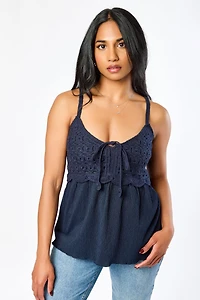 Crochet Spaghetti Strap V-Neck Babydoll Top