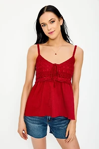 Crochet Spaghetti Strap V-Neck Babydoll Top