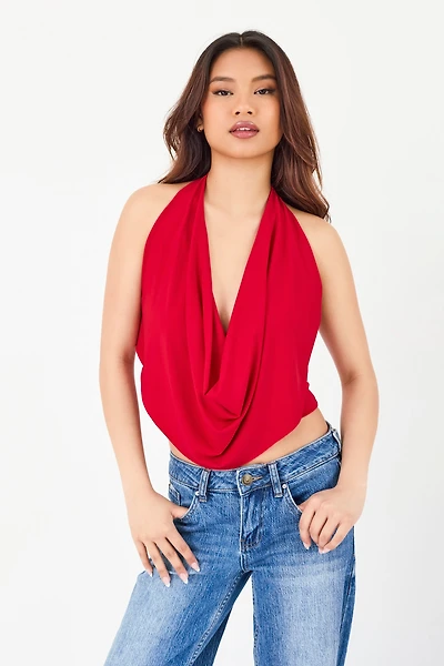 Drape-Neck Cropped Halter Top