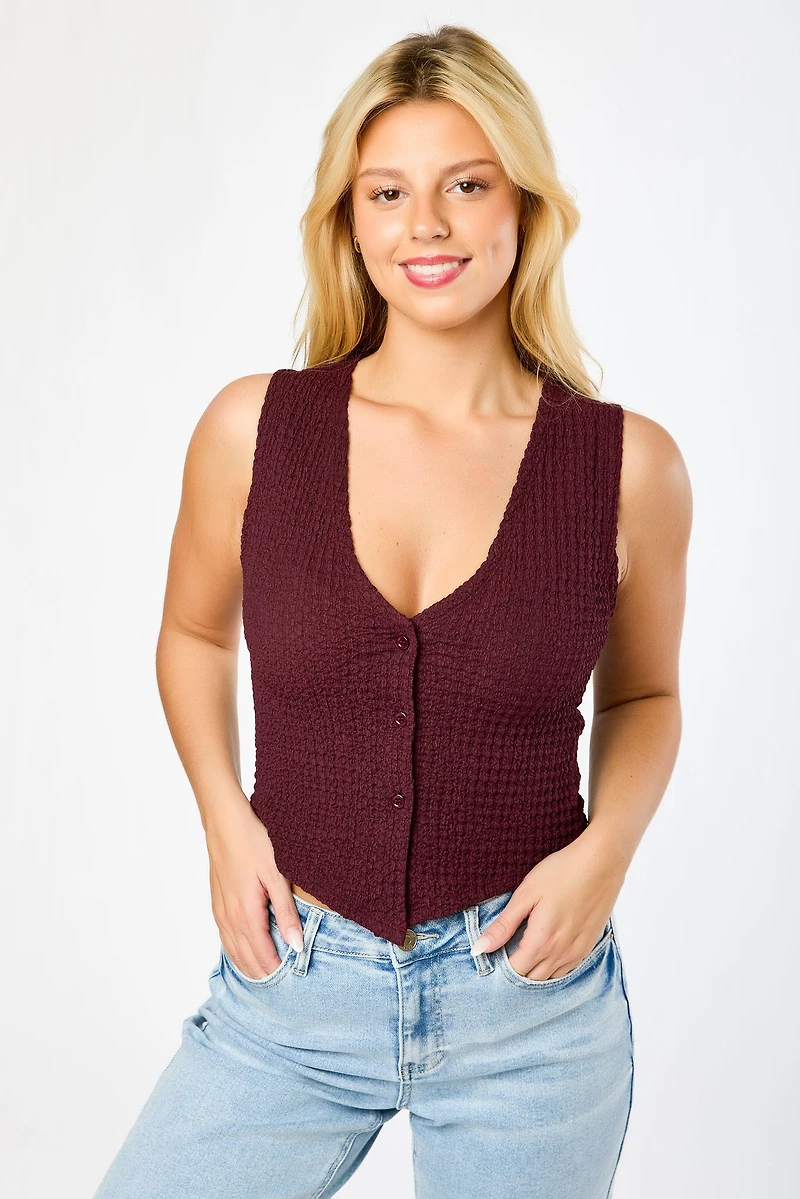 Textured Knit Button-Front Vest