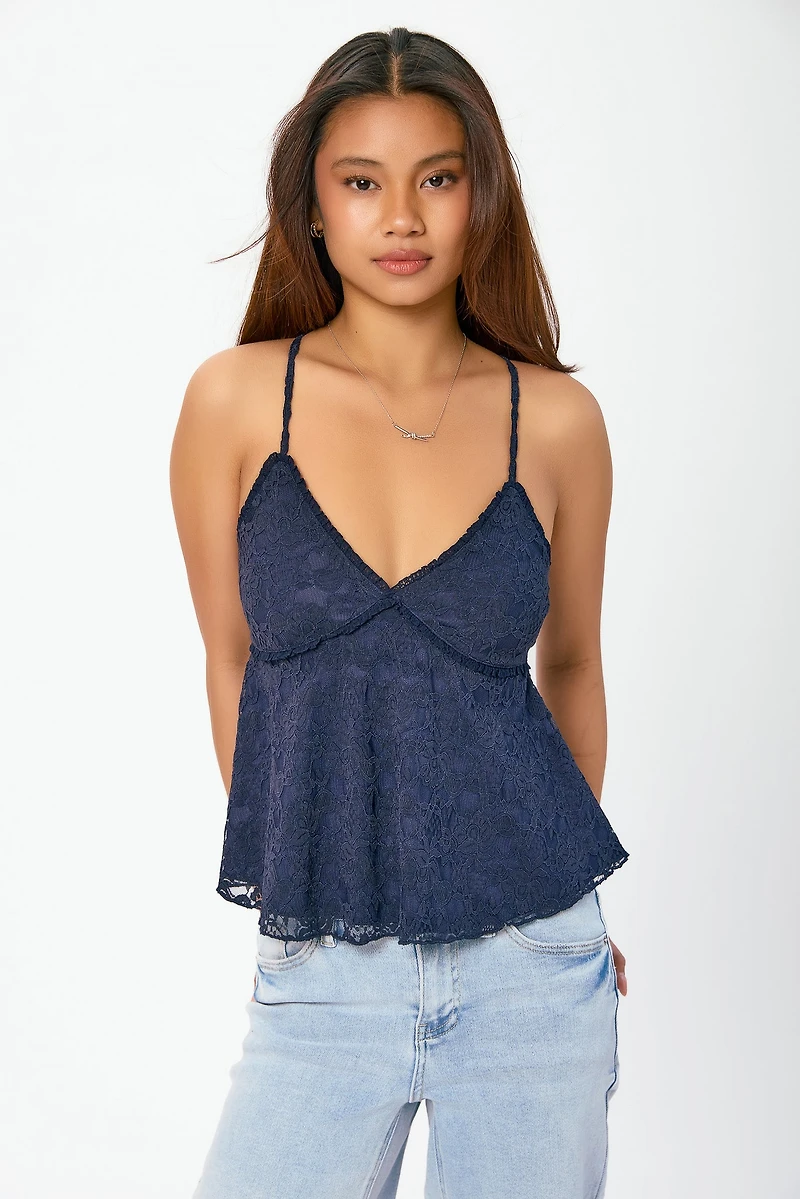 Lace V-Neck Spaghetti Strap Babydoll Top