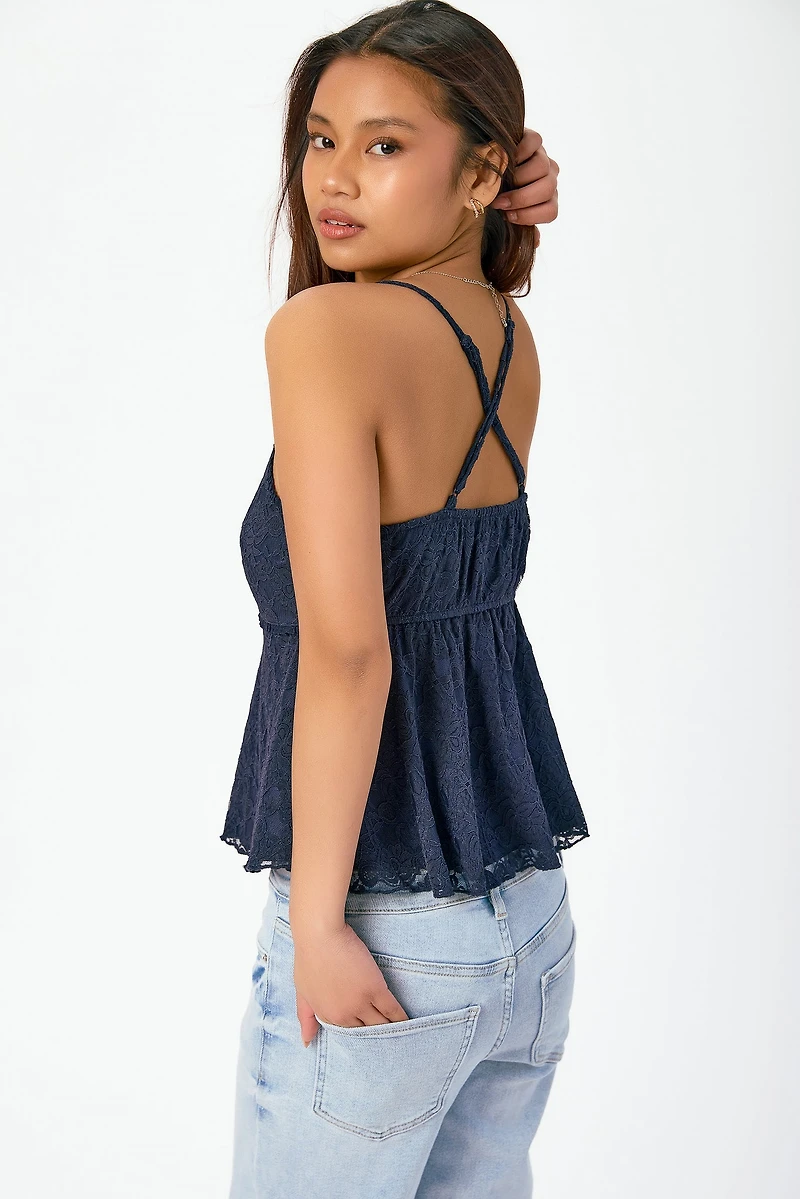 Lace V-Neck Spaghetti Strap Babydoll Top