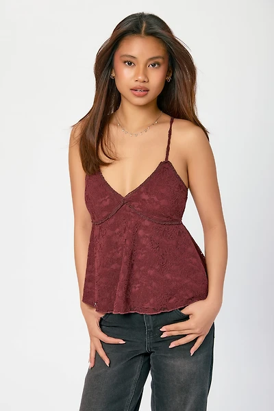 Lace V-Neck Spaghetti Strap Babydoll Top