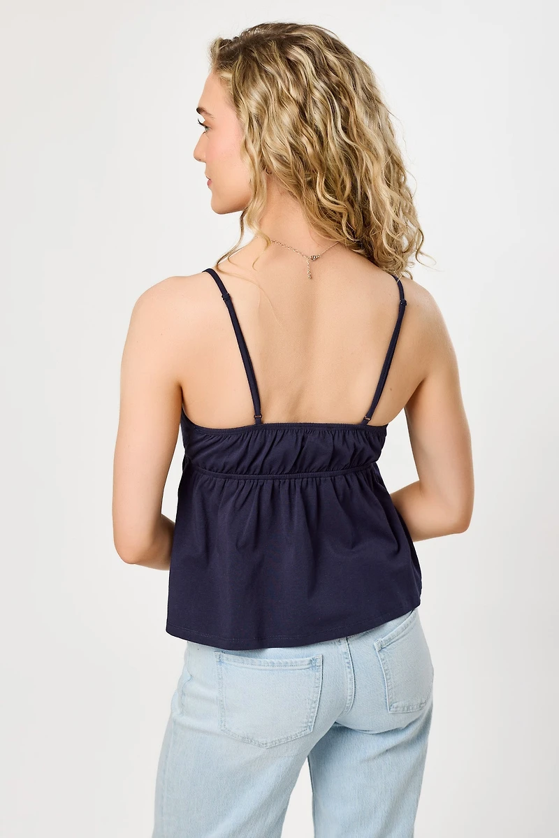 V-Neck Spaghetti-Strap Babydoll Top with Hibiscus Embroidery