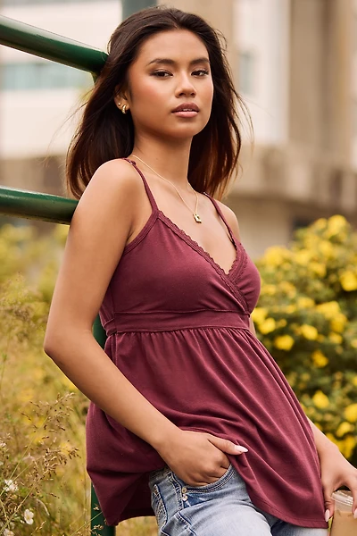 Cotton-Blend Jersey Crossover Babydoll Top with Tie-Back
