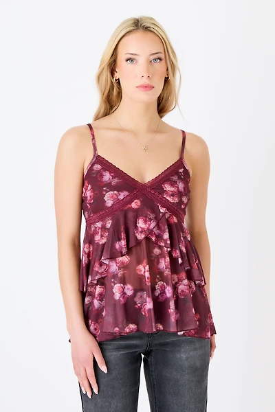 Burgundy Combo Floral Mesh Plunge Neck Tiered Babydoll Cami with Lace Trim