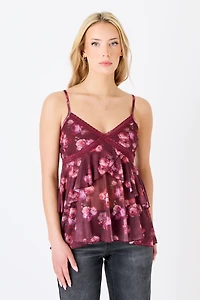 Burgundy Combo Floral Mesh Plunge Neck Tiered Babydoll Cami with Lace Trim
