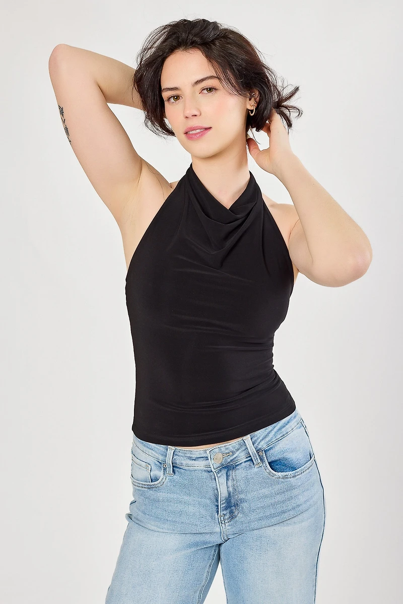 Double Layer Cowl Neck Halter Top