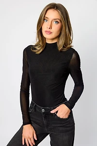 Mesh Mock-Neck Long-Sleeve Bodysuit with Rhinestones