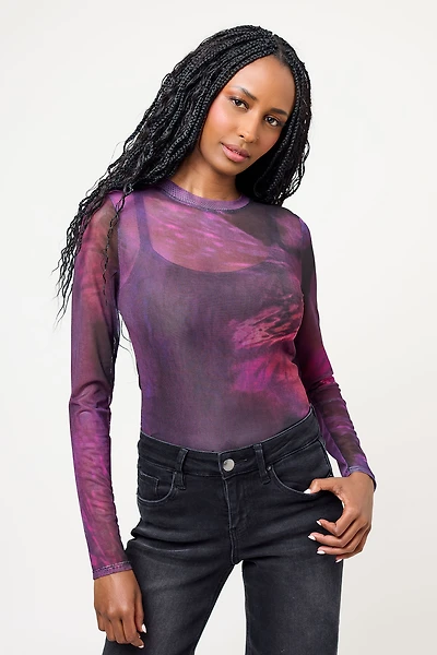 Tie-Dye Mesh Long Sleeve Crew Neck Bodysuit