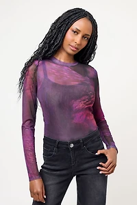 Tie-Dye Mesh Long Sleeve Crew Neck Bodysuit