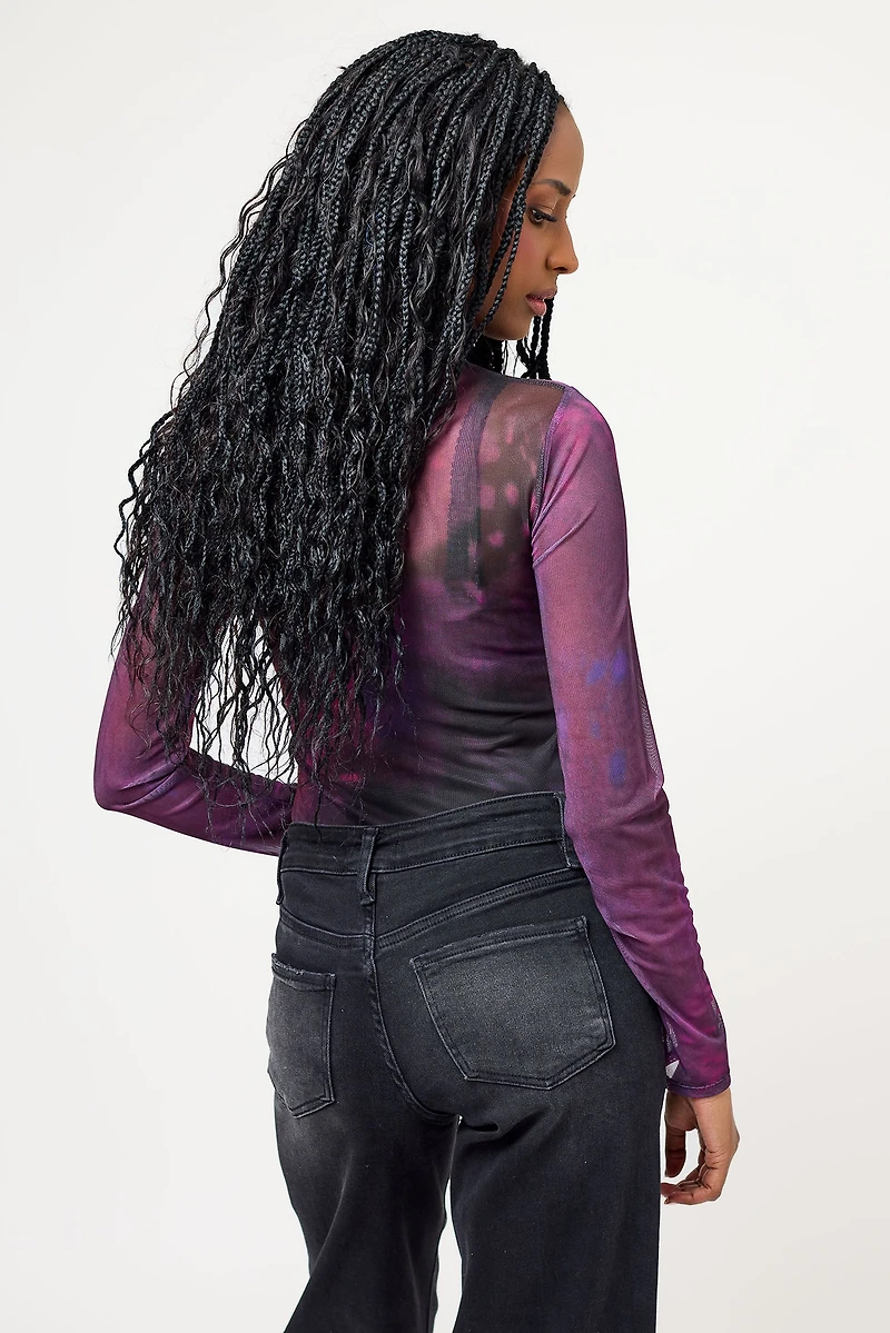 Tie-Dye Mesh Long Sleeve Crew Neck Bodysuit