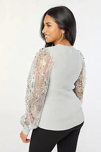 Metallic Ribbed Crew-Neck with Sequin Balloon Sleeves