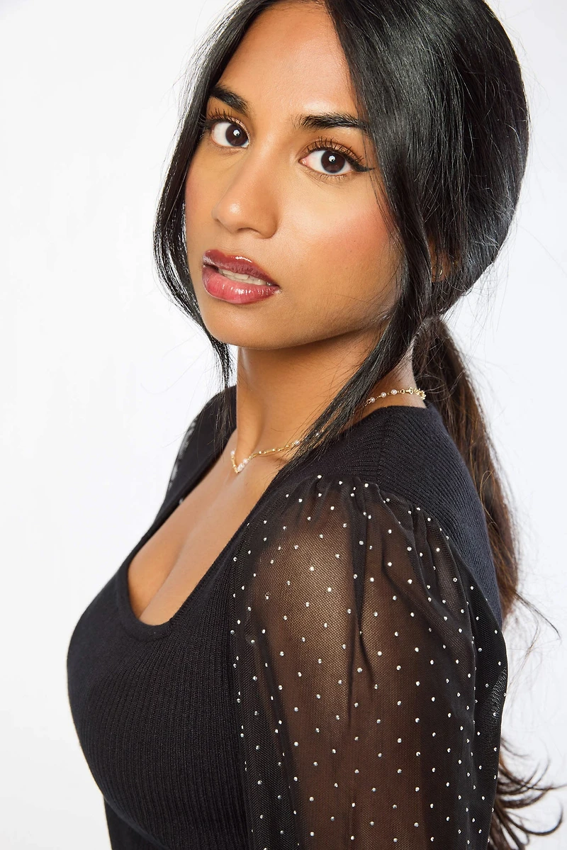 Ribbed Mesh Illusion Sleeve Top