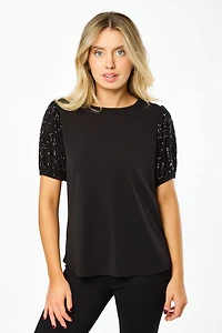 Crew-Neck Sequin Puff-Sleeve Knit Crepe Top