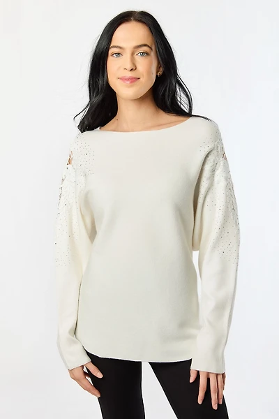 Crew-Neck Long-Sleeve Cold-Shoulder Sweater with Crochet Applique and Rhinestones