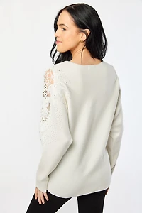 Crew-Neck Long-Sleeve Cold-Shoulder Sweater with Crochet Applique and Rhinestones