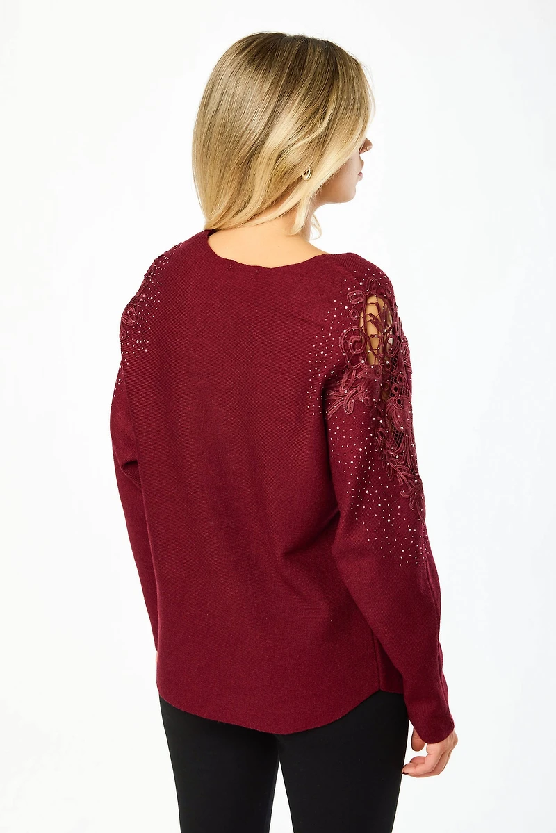 Crew-Neck Long-Sleeve Cold-Shoulder Sweater with Crochet Applique and Rhinestones