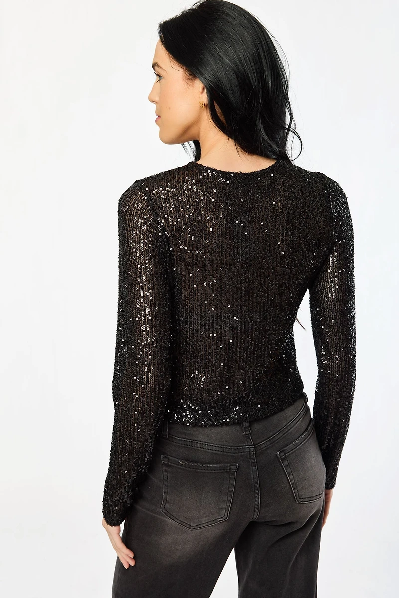 Crew-Neck Long Sleeve Sequin Top