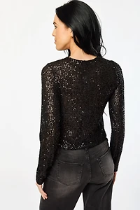 Crew-Neck Long Sleeve Sequin Top