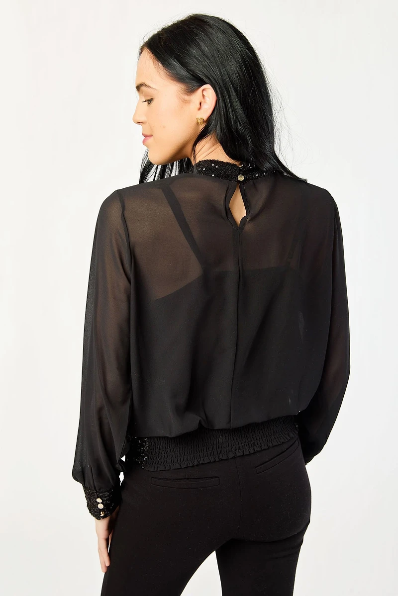 Chiffon Mock-Neck Balloon-Sleeve Blouse with Built-in Cami and Sequin Details