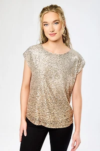 Ombre Sequin Crew-Neck Sleeveless Tee with Shirttail Hem