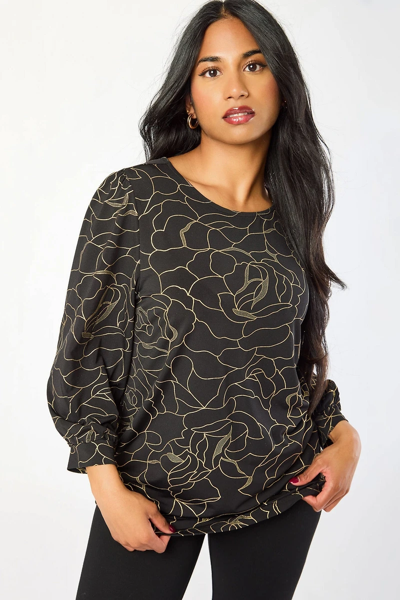 Crew-Neck Balloon 3/4 Sleeve Floral Foil Top with Shirttail Hem