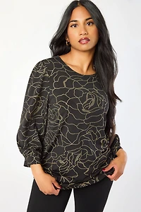 Crew-Neck Balloon 3/4 Sleeve Floral Foil Top with Shirttail Hem