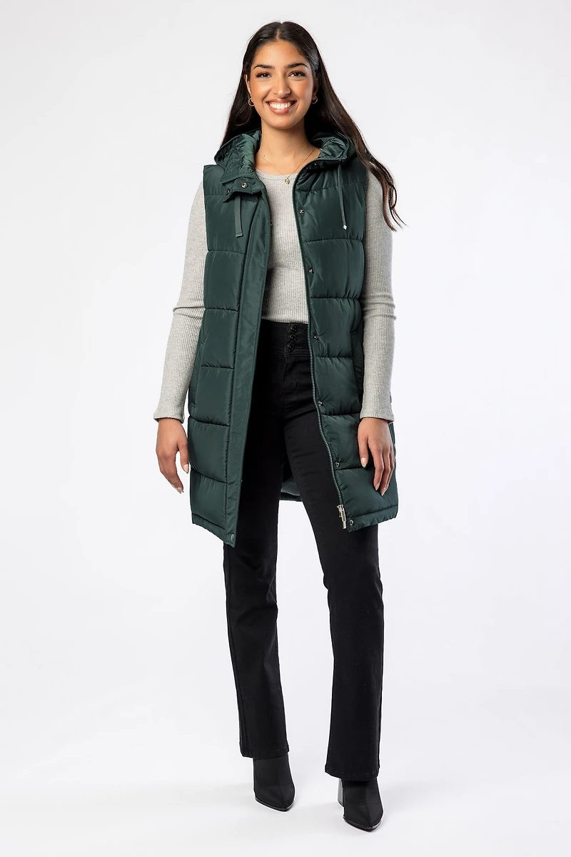 Hooded Midi Puffer Vest with Side Snaps