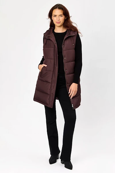 Hooded Midi Puffer Vest with Side Snaps