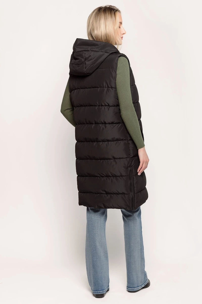 Hooded Midi Puffer Vest with Side Zippers