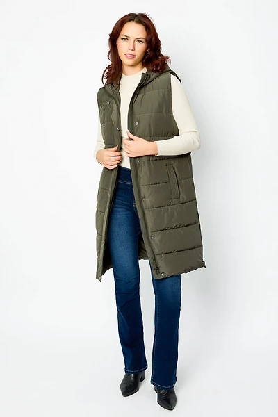 Hooded Midi Puffer Vest with Side Zippers