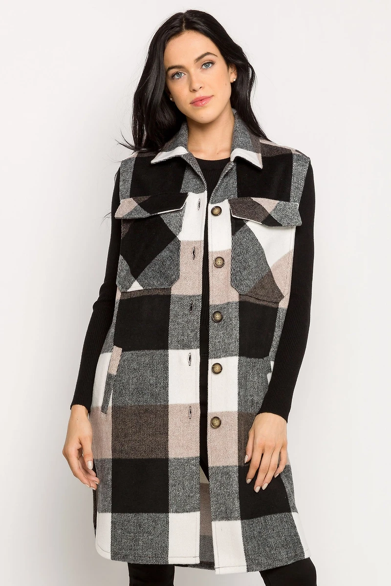 Buffalo Plaid Sleeveless Longline Shacket