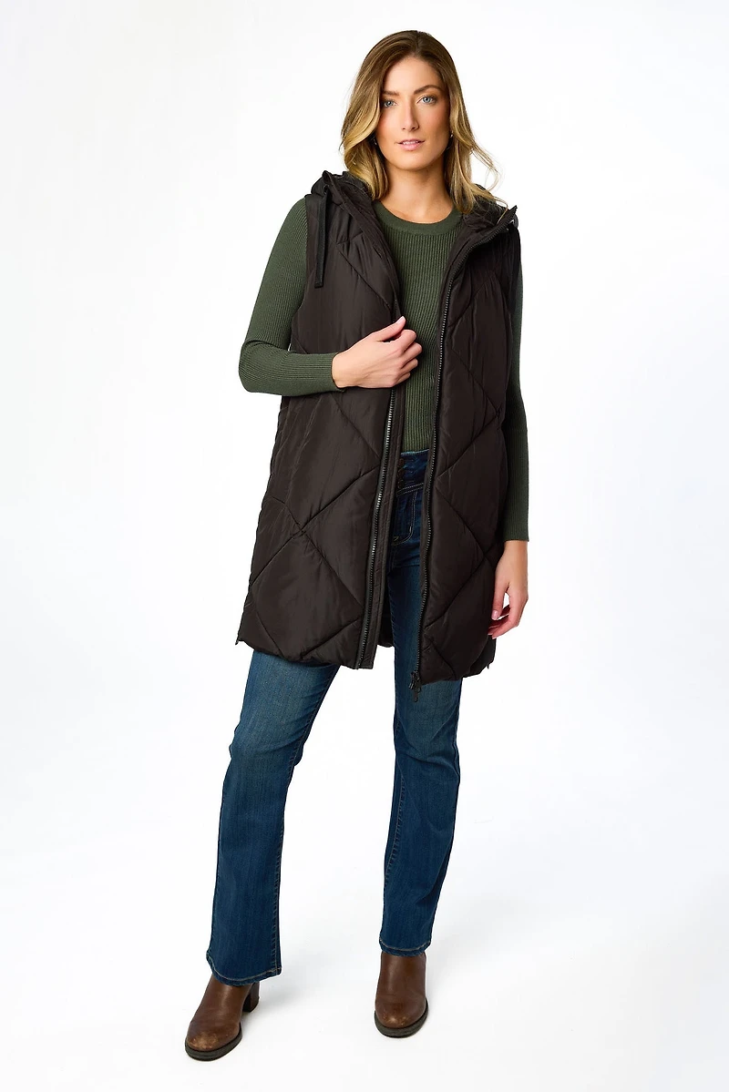 Diamond Quilted Long Puffer Vest with Hood and Side Zippers