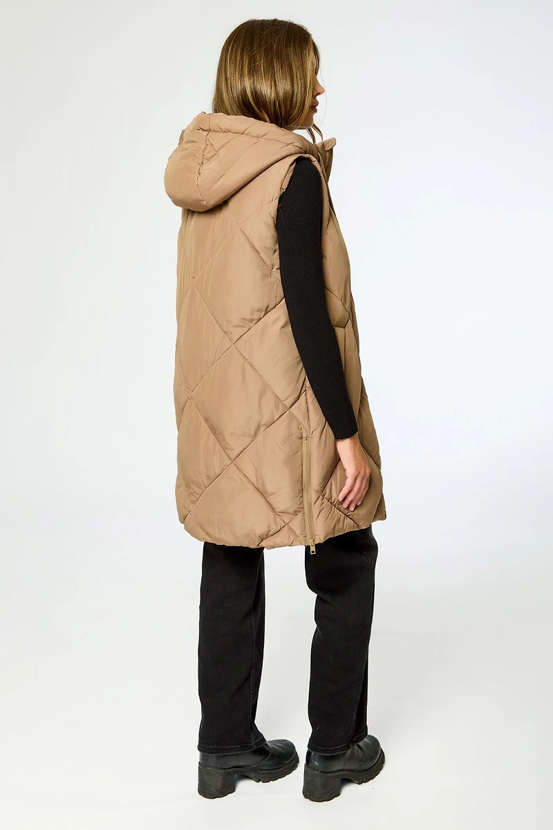 Diamond Quilted Long Puffer Vest with Hood and Side Zippers