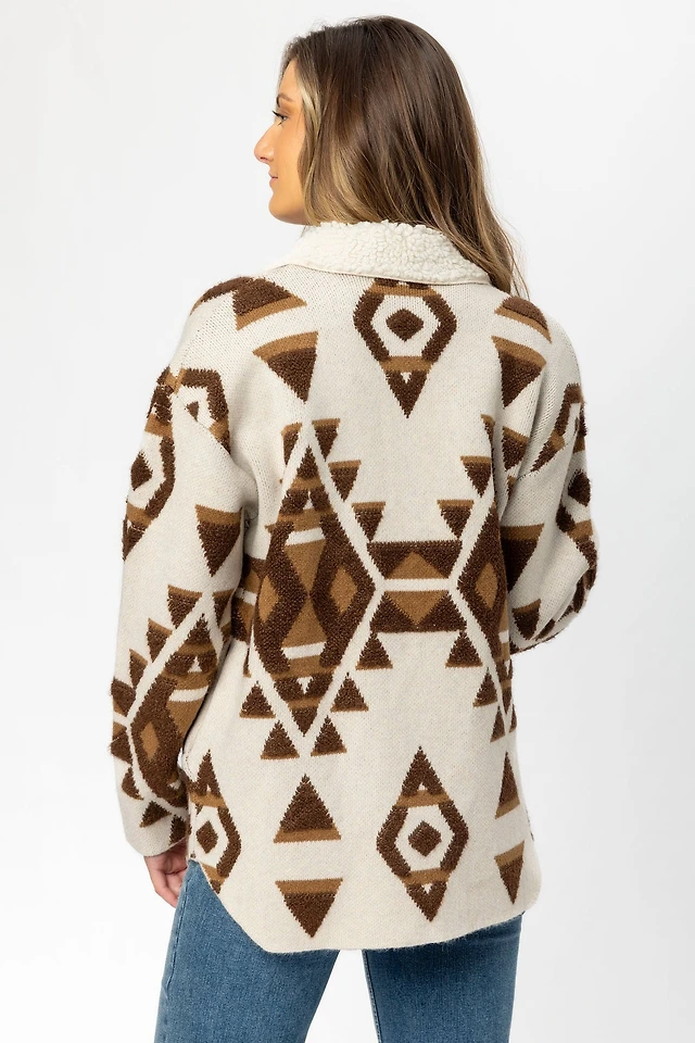 Eclipse Abstract Oversized Shacket with Sherpa Trims Pine Centre