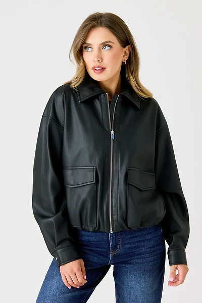 Stoosh Vegan Leather Bubble Hem Bomber Jacket