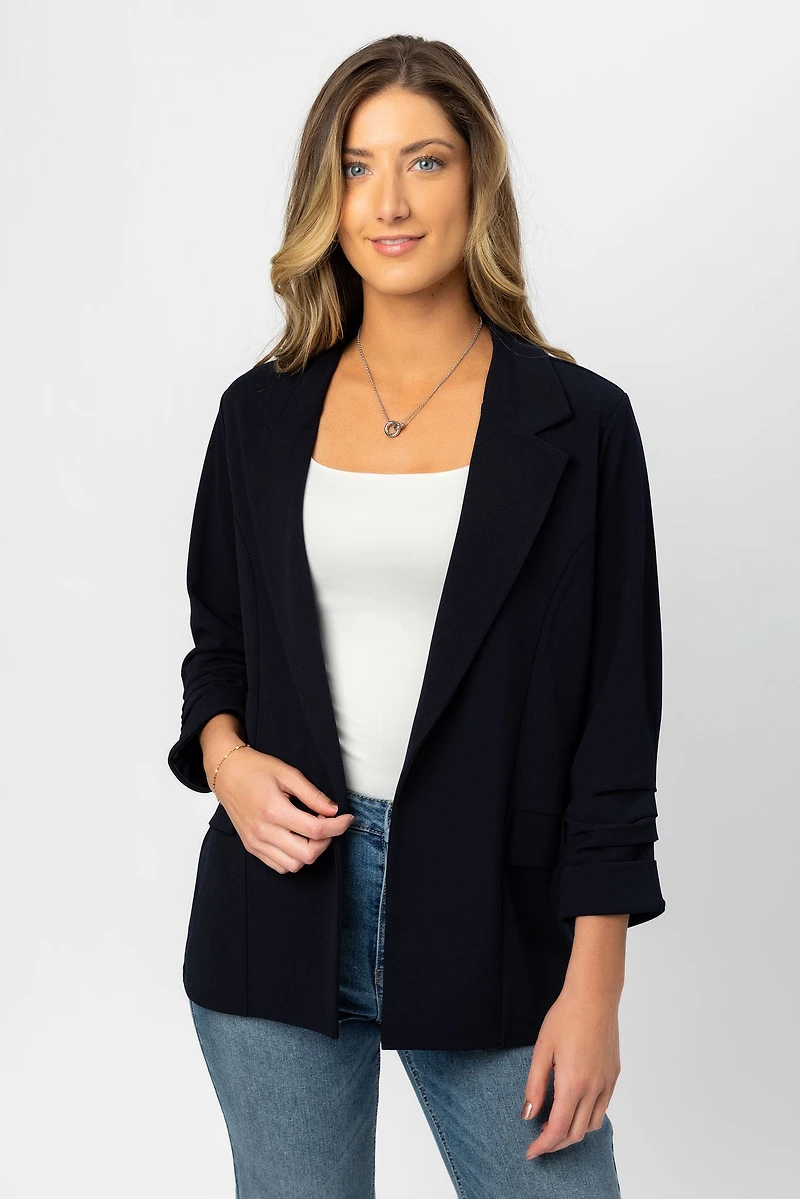 Stretch Crepe Blazer with Ruched Sleeves