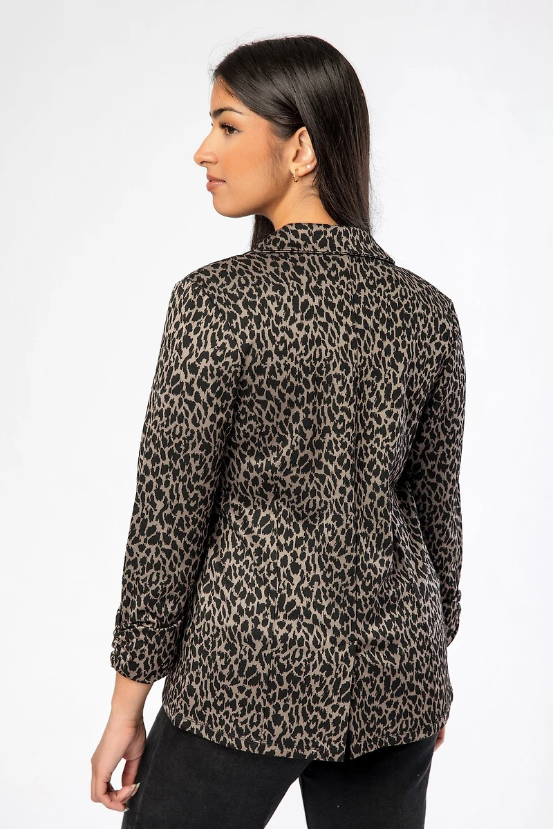 Animal Print Blazer with Ruched Cuffs