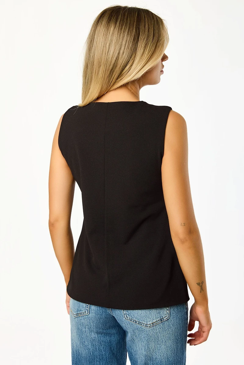 Stretch Crepe Crew-Neck Vest with Gold Buttons