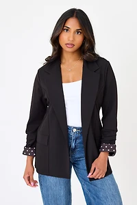 Stretch Crepe Blazer with Ruched Sleeves and Polka Dot Print Cuff