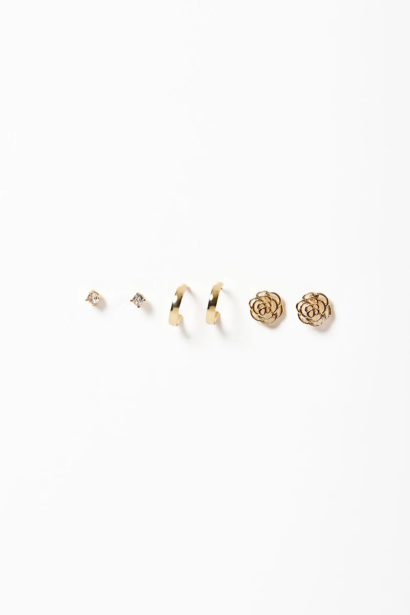 Rhinestone, Flower & Hoop Trio Earring Set