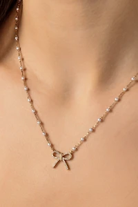 Gem Bow Necklace with Pearl Chain