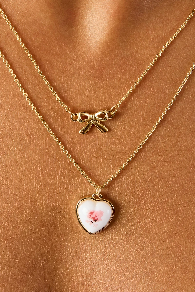 Floral Heart Bow Double-Row Chain Necklace