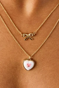 Floral Heart Bow Double-Row Chain Necklace