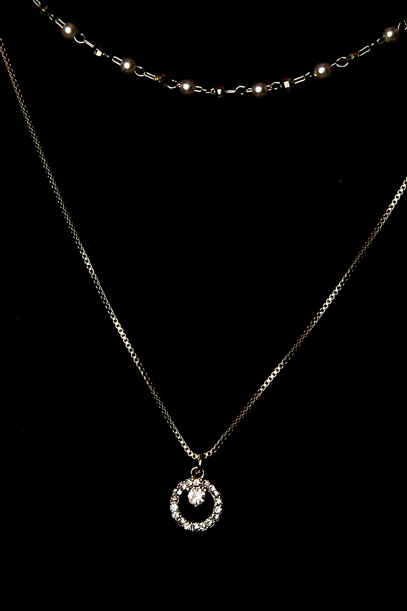 Double Strand Necklace with Pearls and Rhinestone Circle