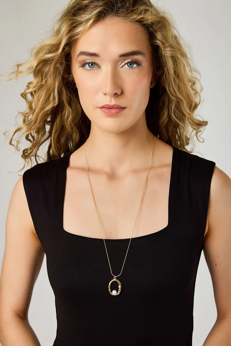 Long Necklace with Textured Oval Pendant with Pearl