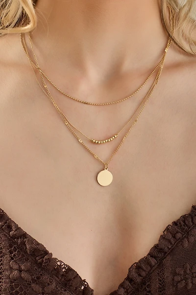 Triple Strand Necklace with Beads and Circle Pendant